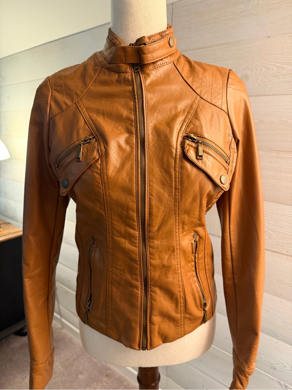 Women's Tan Faux Leather Moto Jacket with Stand Collar